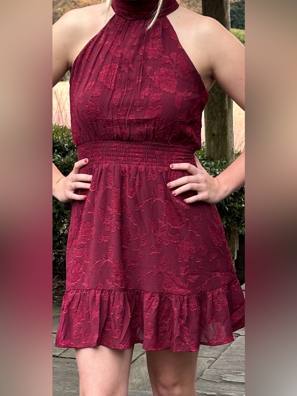 Francesca's Collections Burgundy Textured Halter Mini Dress